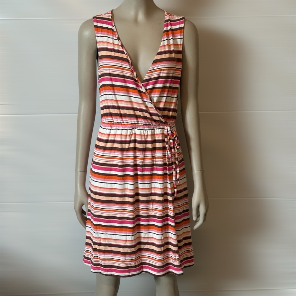 Dakini Wrap Style Sundress Pink and Brown Stripes Size Medium EUC